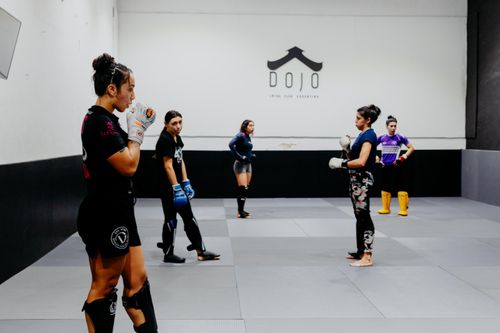 Free Group of women practicing martial arts inside a dojo in Buenos Aires, Argentina. Stock Photo