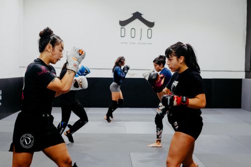 Free Female martial artists sparring in a dojo in Buenos Aires, showcasing intense training and focus. Stock Photo