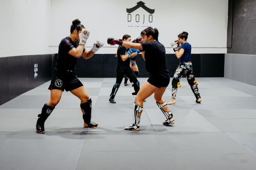 Free Group of women practicing martial arts in a dojo, Buenos Aires. Stock Photo