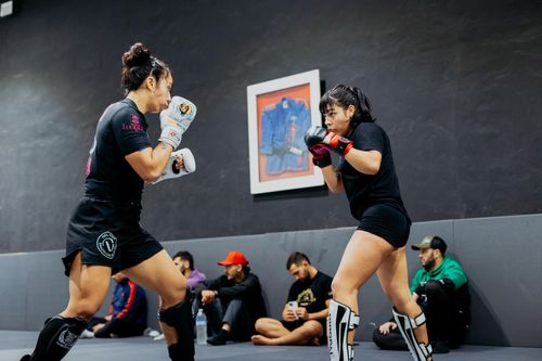 Free Two women sparring in a martial arts gym, showcasing intense focus and training techniques. Stock Photo