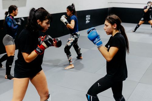 Free Women engaged in martial arts training at a Buenos Aires gym, showcasing fitness and discipline. Stock Photo