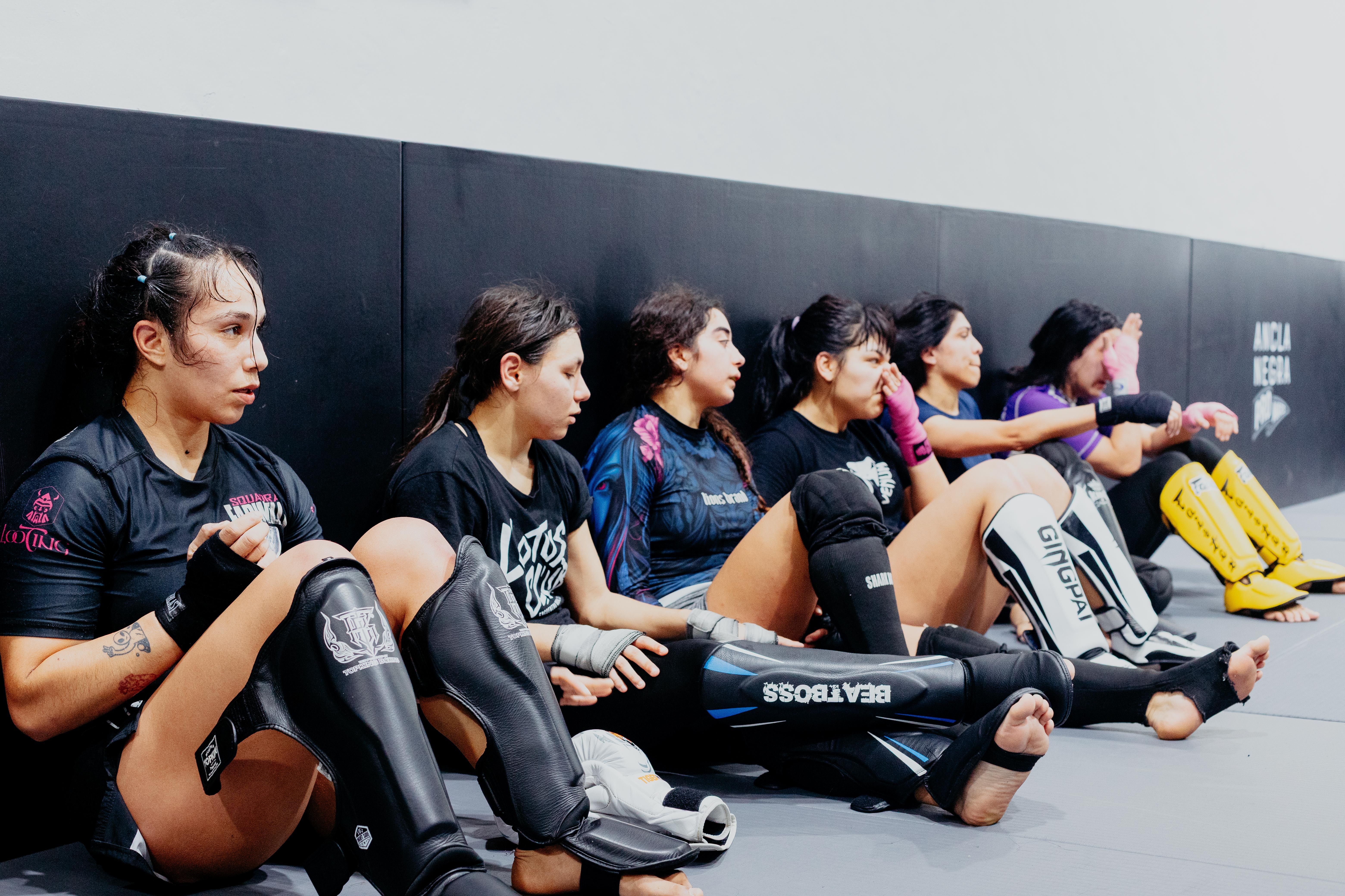 Grupo de mulheres em sessão de treinamento de artes marciais