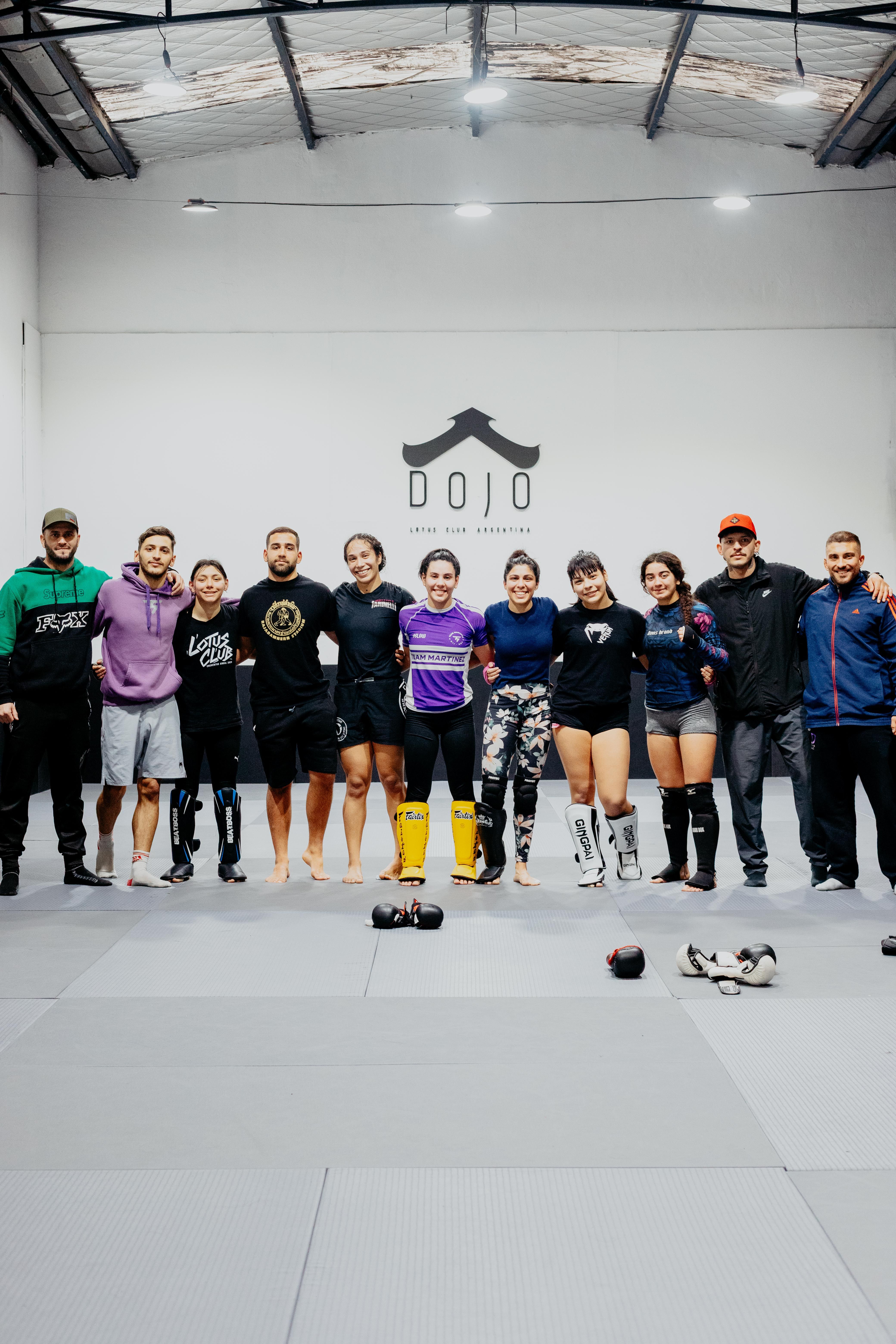 Group of adults training martial arts at a dojo in Buenos Aires, Argentina.