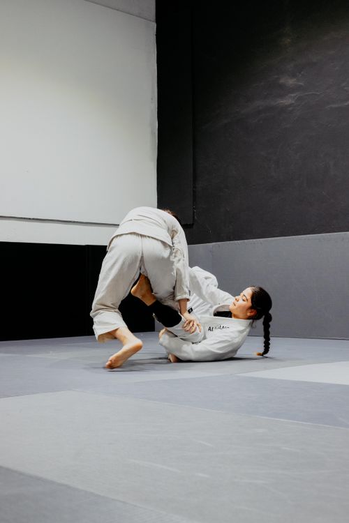 Free Two martial artists practicing on the mat in a Buenos Aires studio, showcasing skill and technique. Stock Photo