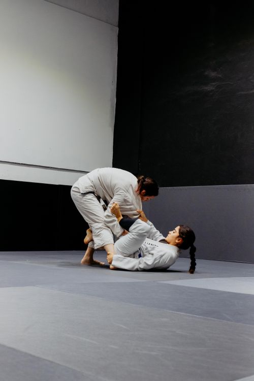 Free Two women engaged in a martial arts training session on a mat in a gym. Stock Photo