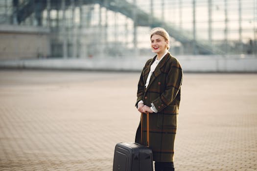Confident young woman with luggage at a modern outdoor terminal, ready for her next adventure.