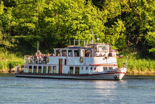 Free Tourist boat cruising down a river surrounded by lush green trees on a sunny day. Stock Photo