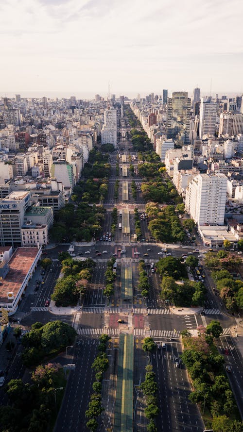 Drone view of contemporary wide paved road in contemporary city among buildings and green trees