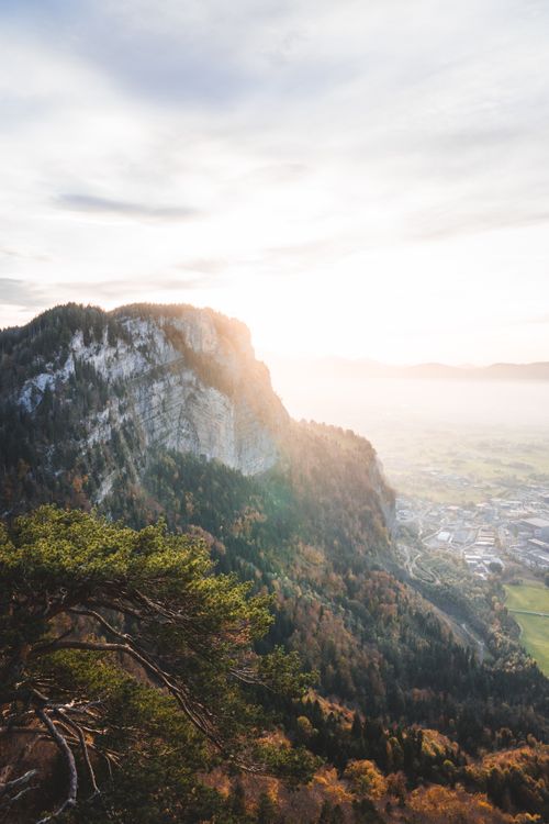Free Breathtaking view of autumn sunset over Vorarlberg, Austria, capturing the serene Alps in vibrant fall colors. Stock Photo