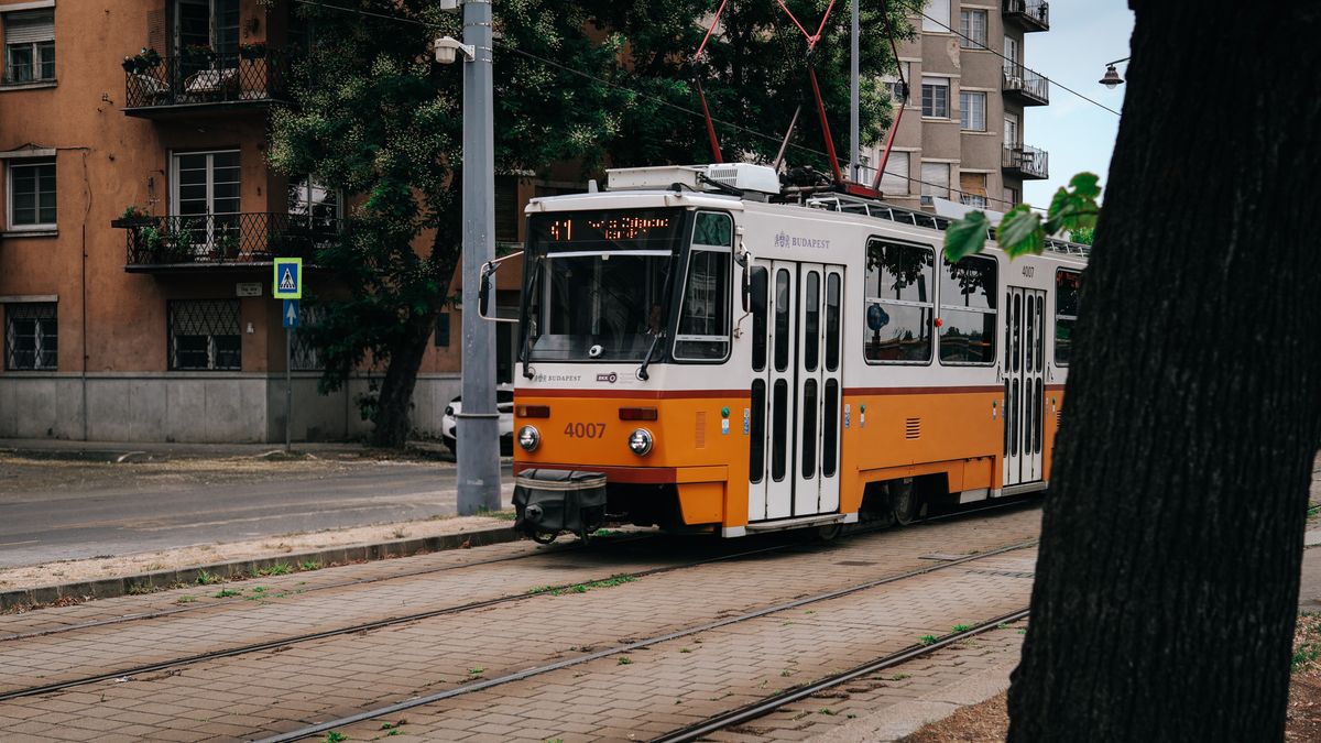Tramvai galben pe sine, cu blocuri vechi si umbra de copac