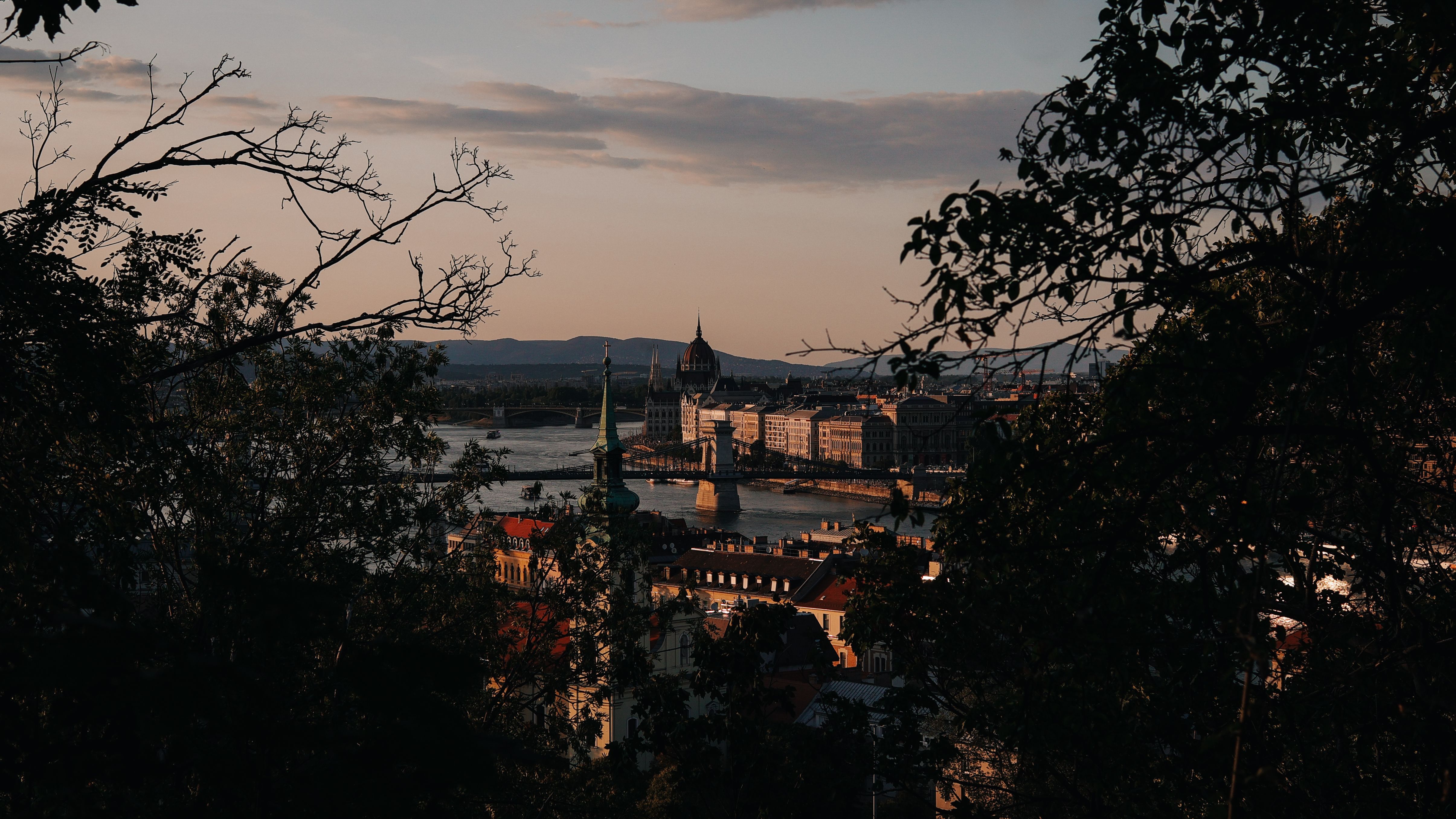 A captivating view of the Parliament in Budapest framed by foliage during sunset.
