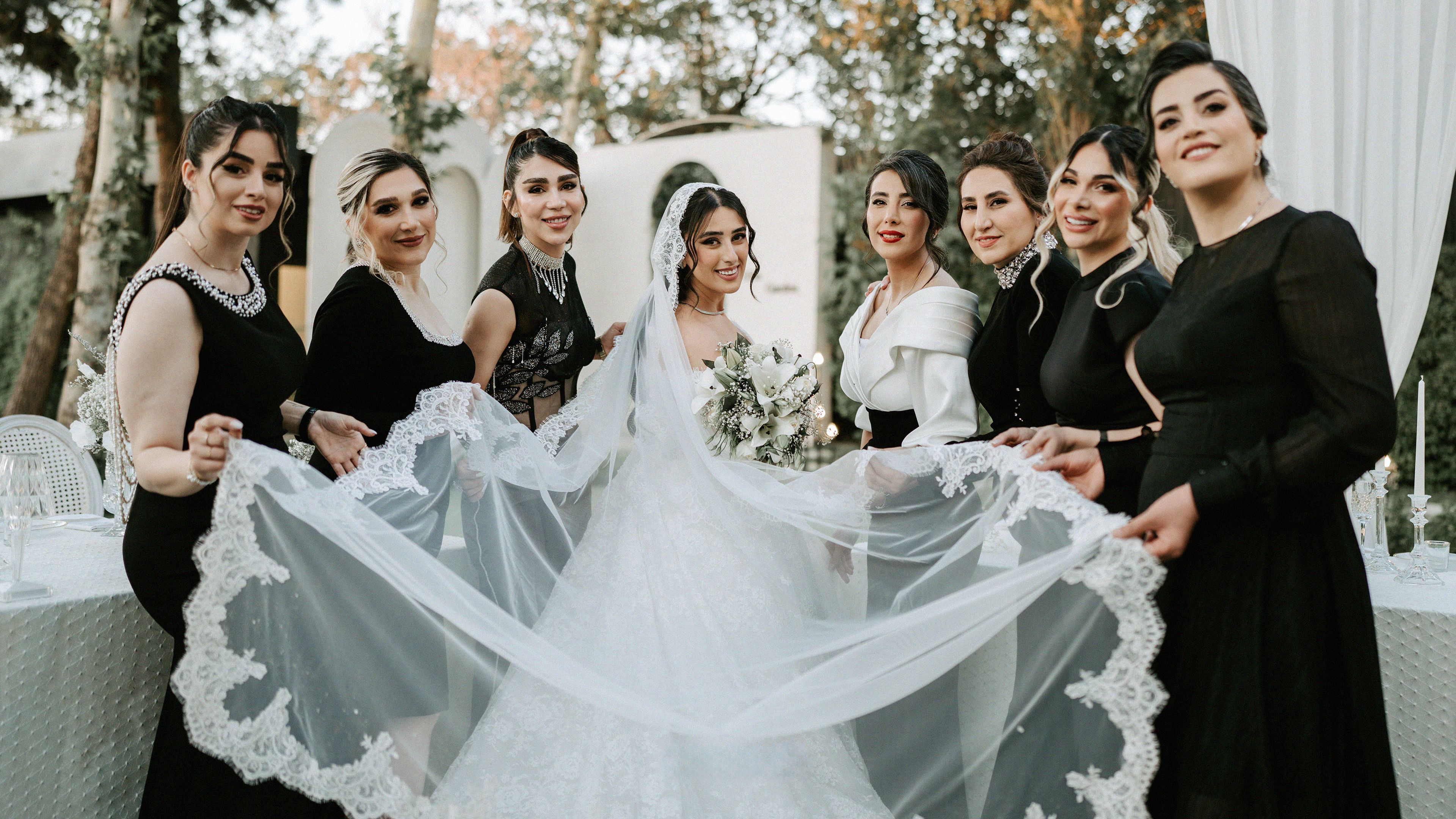 Bride and bridesmaids in elegant attire showcasing a lace veil outdoors.
