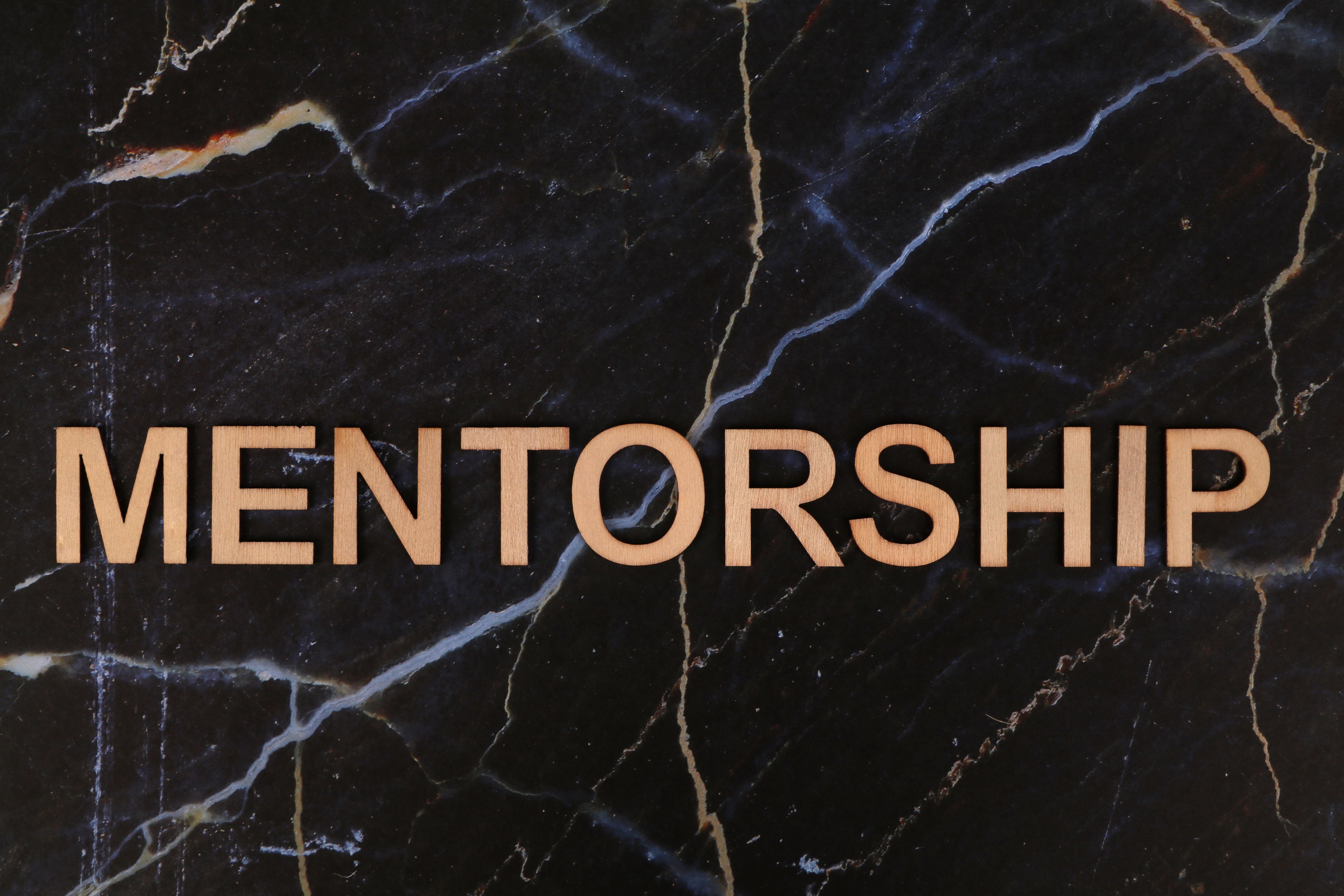 The word 'Mentorship' displayed in wooden letters on a marble surface symbolizing guidance.