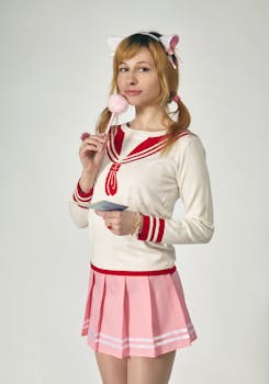 一位成年女子在室内穿着水手风格的角色扮演服装摆姿势