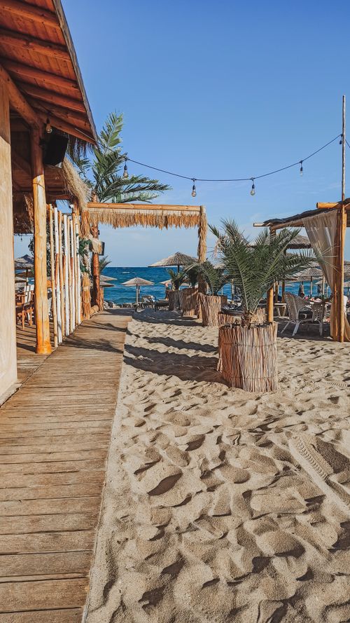 Free Relaxing beachside bar showcasing palm trees, sandy shore, and ocean waves. Perfect for vacation vibes. Stock Photo