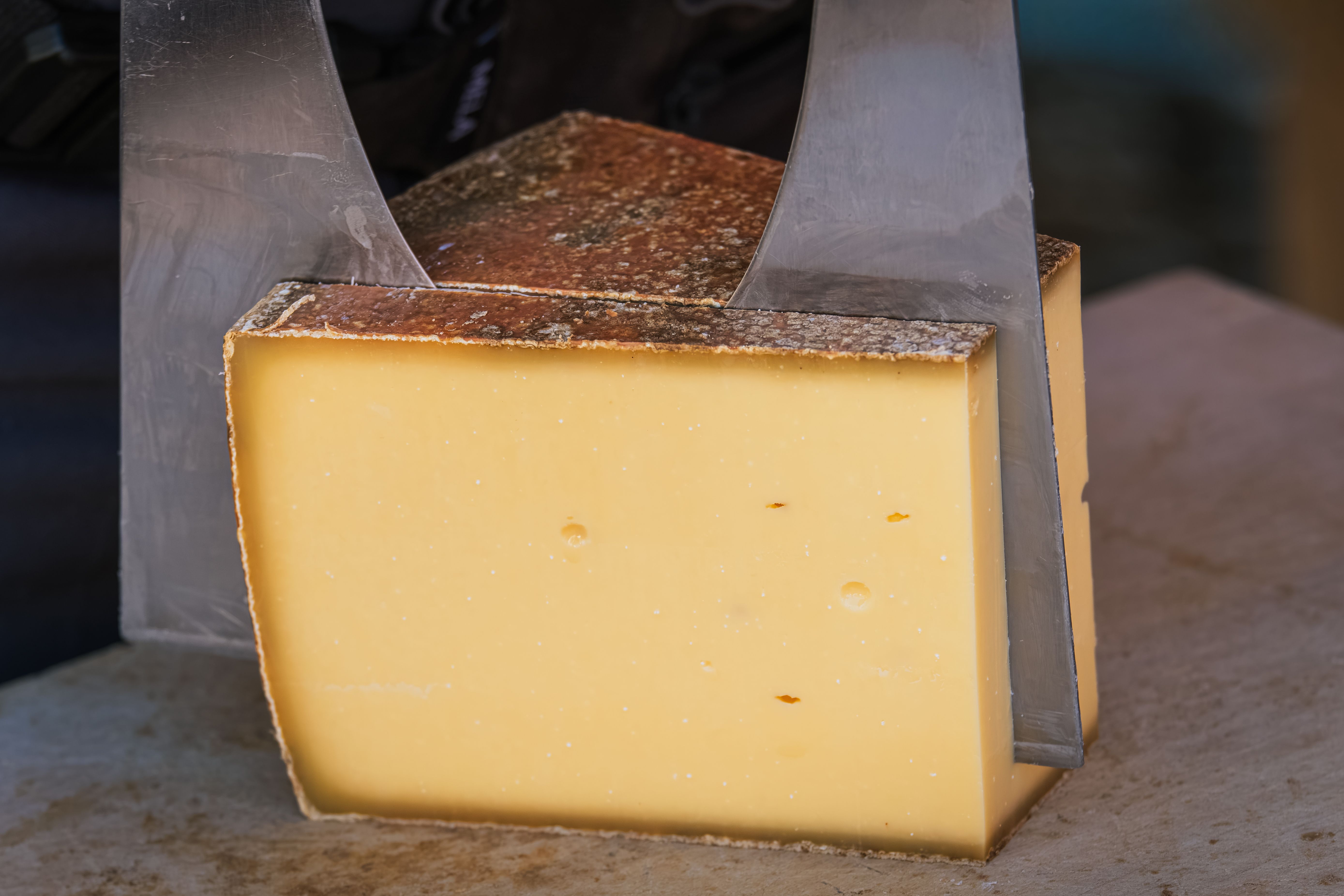 Gros quartier de pâte dure, croûte brune granuleuse et pâte jaune pâle, une lame posée en travers de la croûte