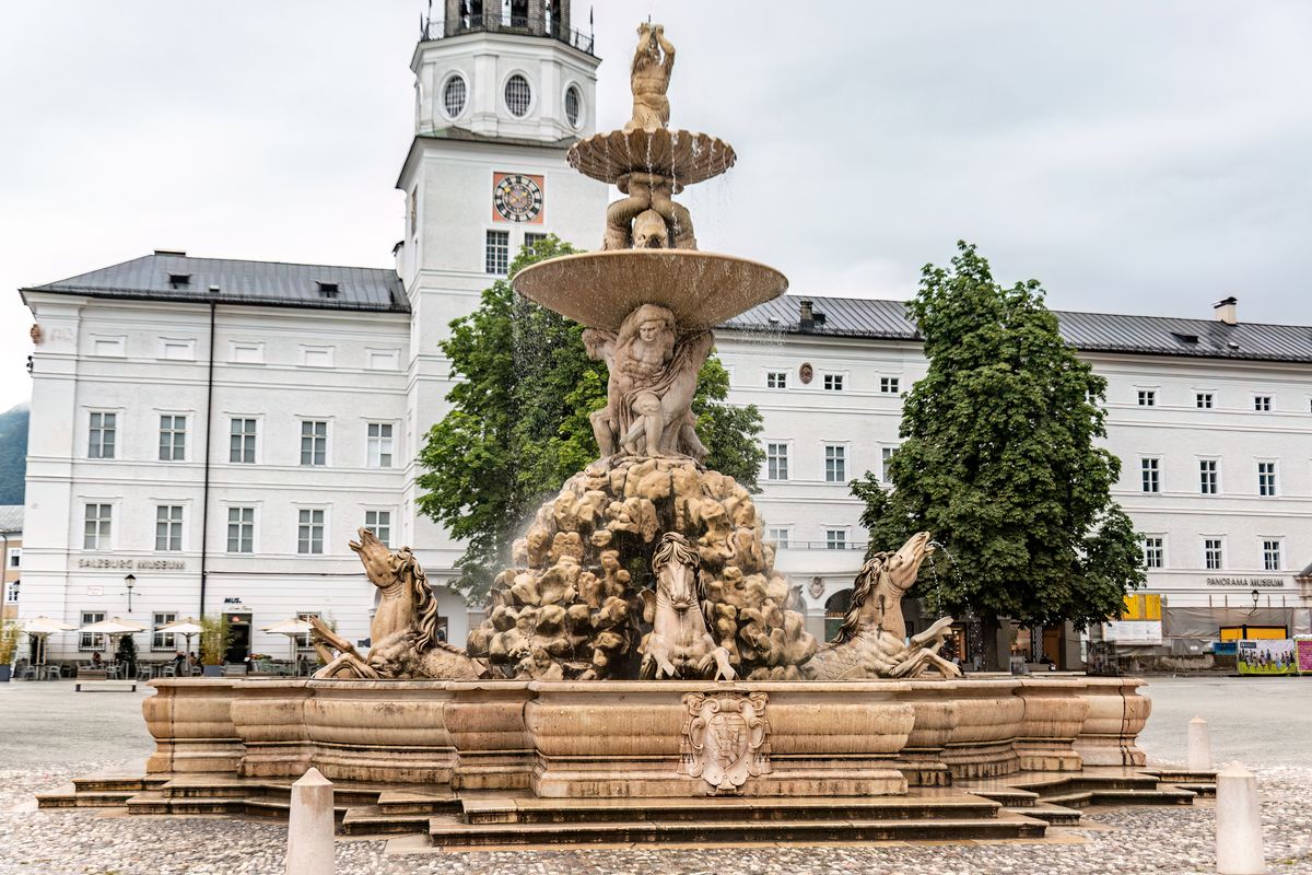 The baroque fountain in Residenzplatz, Salzburg, with sculpted horses
