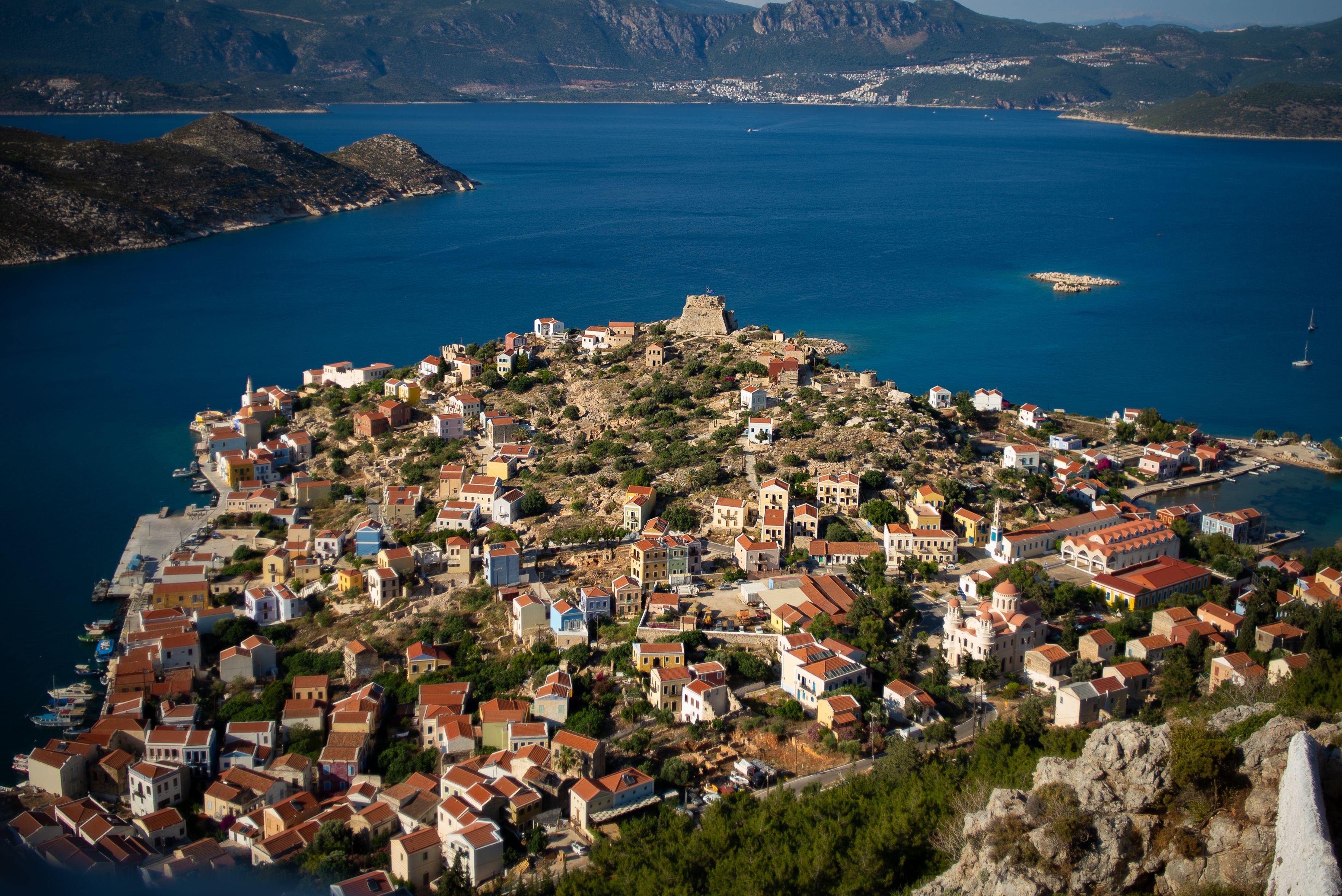 Aerial view of Kastellorizo town and its bay