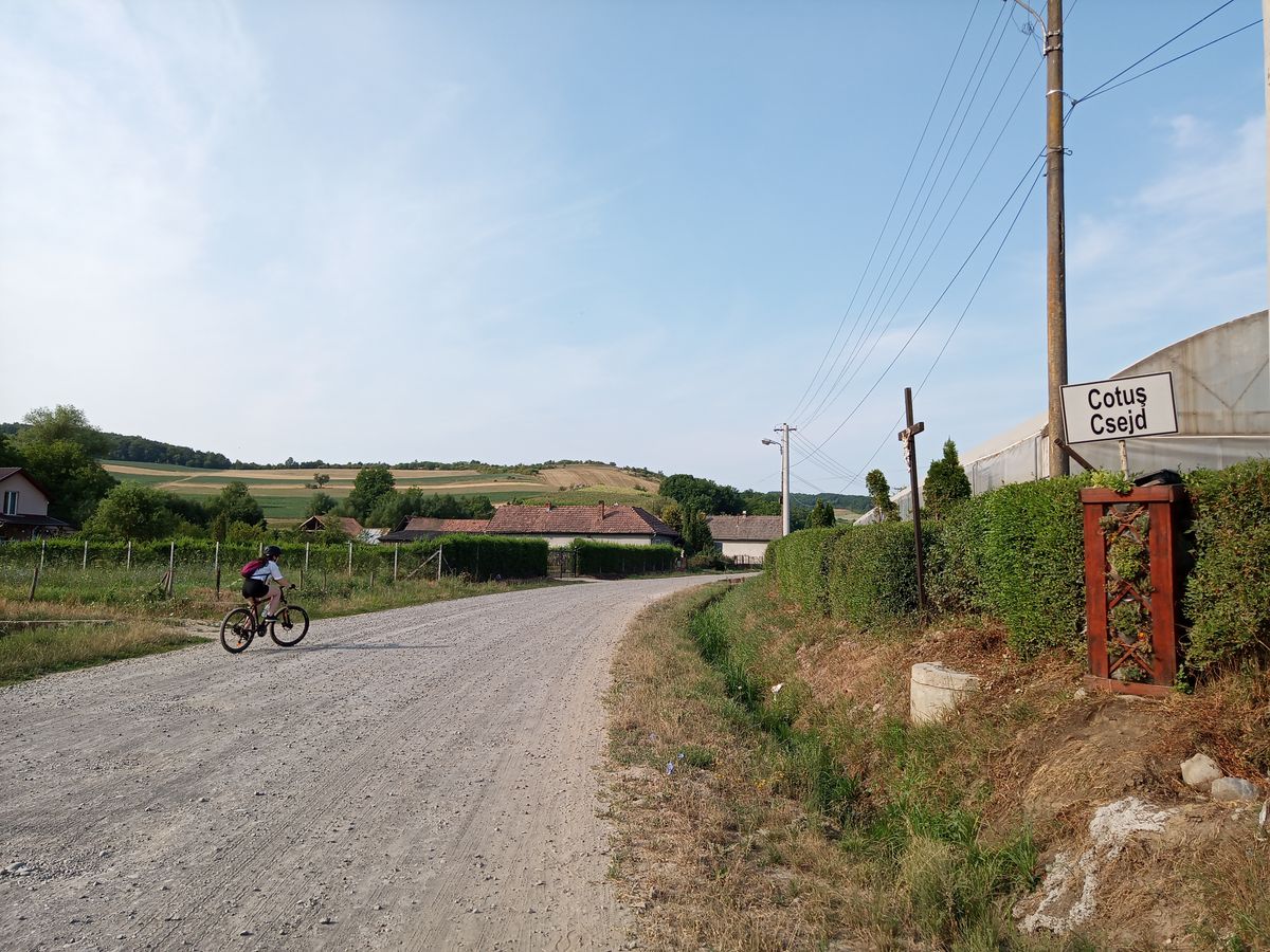 Biciclist pe un drum de pamant intre campuri, in Transilvania