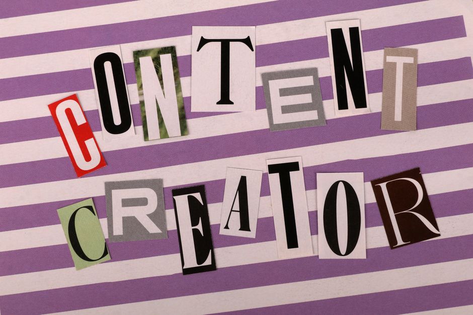 Artistic collage spelling 'Content Creator' using various fonts on a striped background.