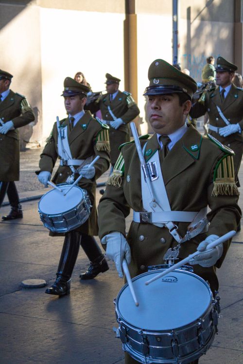 Free Chilean military drummers marching in uniform during a parade in Santiago. Stock Photo