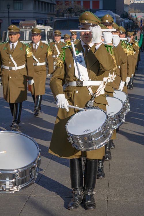 Free Military parade featuring uniformed drummers marching in Santiago, Chile. Stock Photo