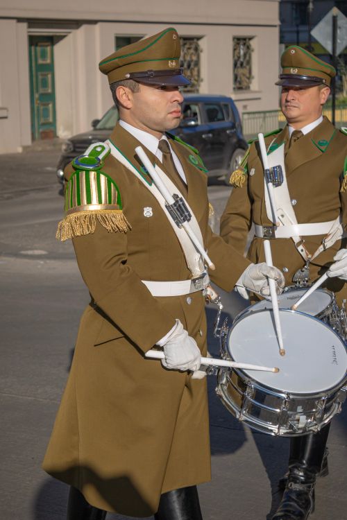Free Uniformed officers in a military parade with drums in Santiago, Chile Stock Photo
