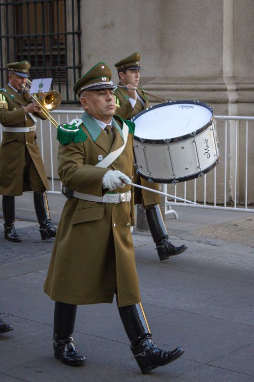 Free Chilean military band members perform in traditional uniforms during a parade in Santiago. Stock Photo