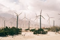 广阔的风电场在多云天空下，展示着沙漠地形中的可再生能源