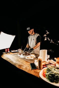 A chef skillfully prepares gourmet burgers in a dimly lit kitchen, showcasing culinary artistry.