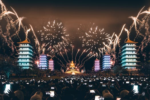 Captivating fireworks illuminate the night sky over Fo Guang Shan Buddha Museum during a festival in Taiwan.