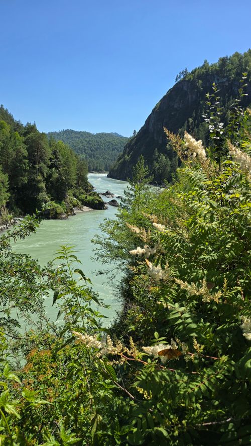 Free A picturesque scene of a river flowing through lush greenery under a clear blue sky, showcasing nature's tranquility. Stock Photo