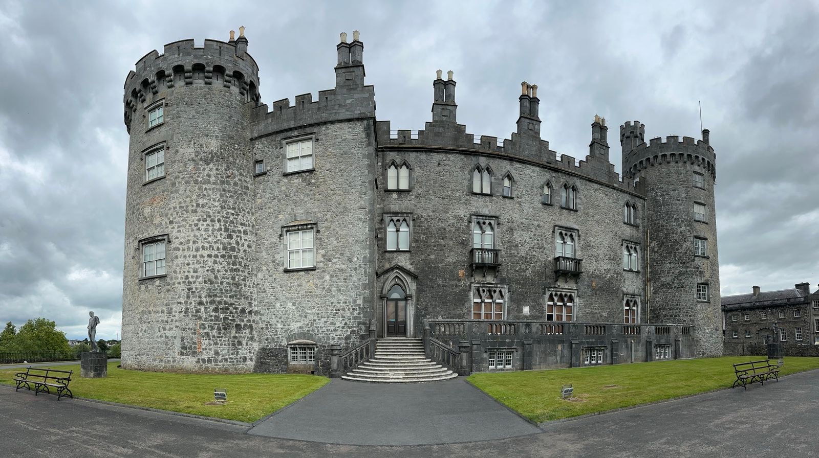 Historic medieval Kilkenny Castle with battlements and towers, a prominent Irish landmark