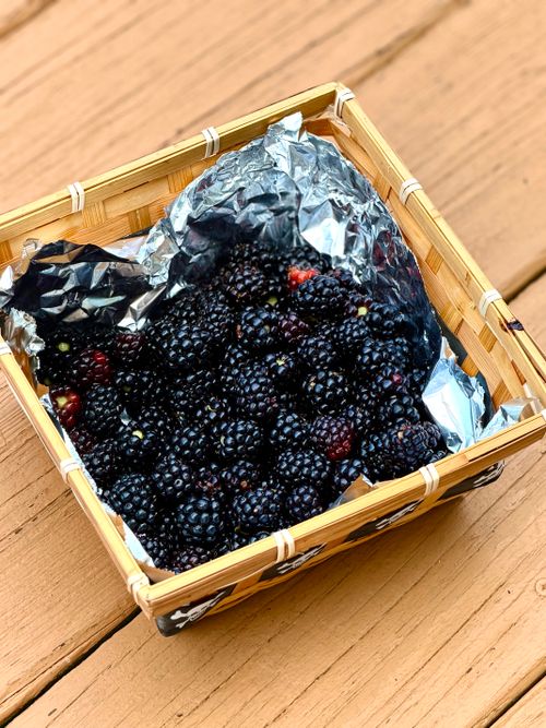 Free A basket of freshly picked blackberries lined with foil, displayed on a wooden surface, perfect for fruit lovers. Stock Photo