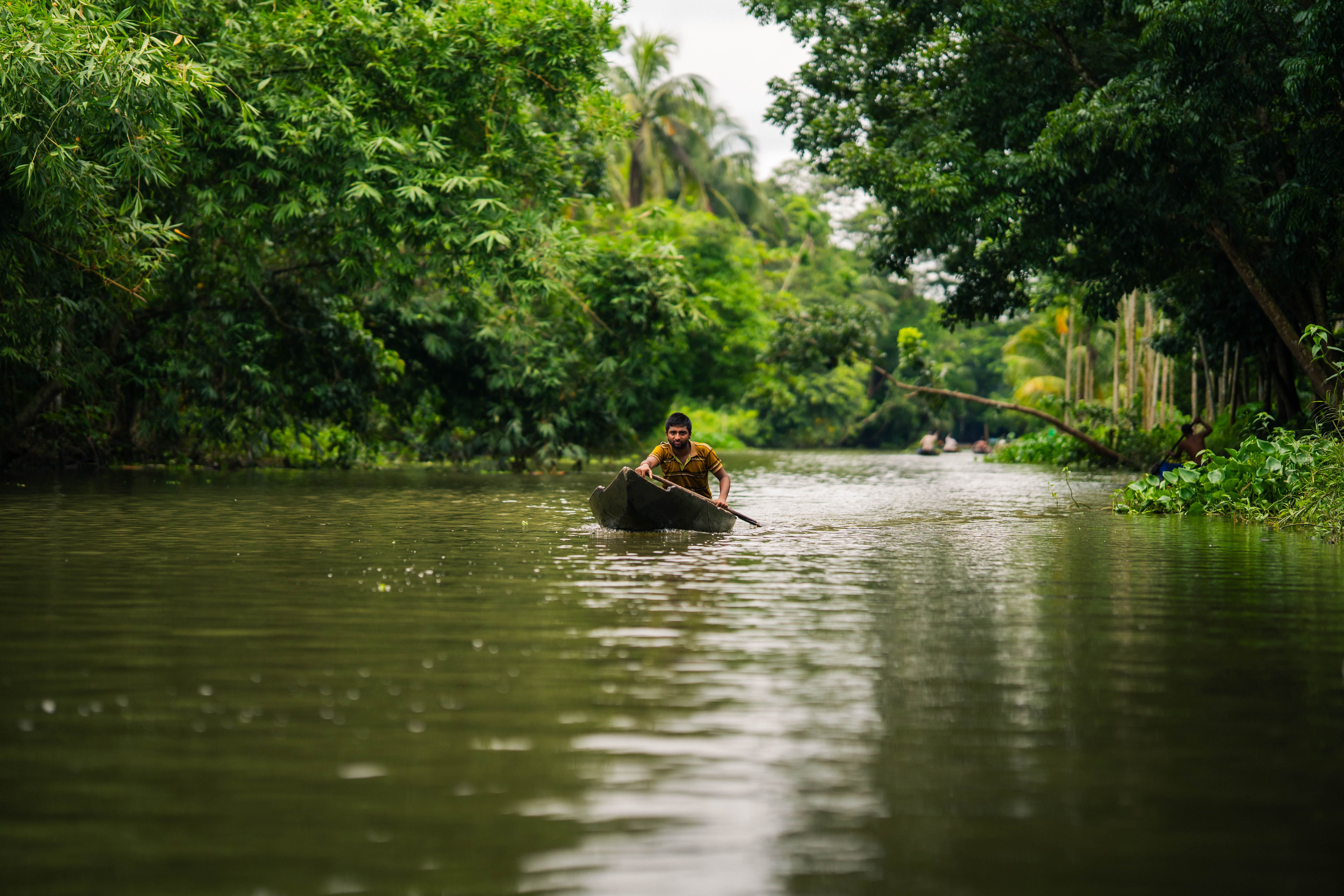 A man paddling a canoe on a calm river surrounded by lush green trees in Rajshahi, Bangladesh.