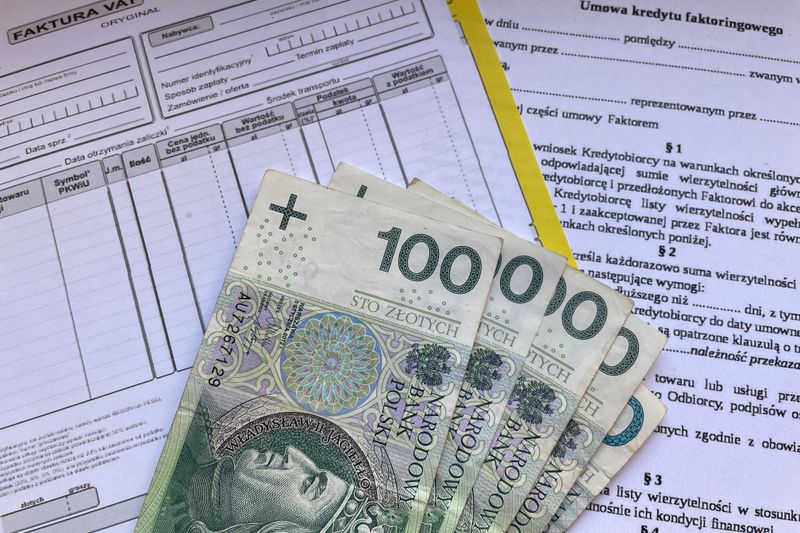 Polish 100 Zloty banknotes on VAT invoice and factoring agreement forms.