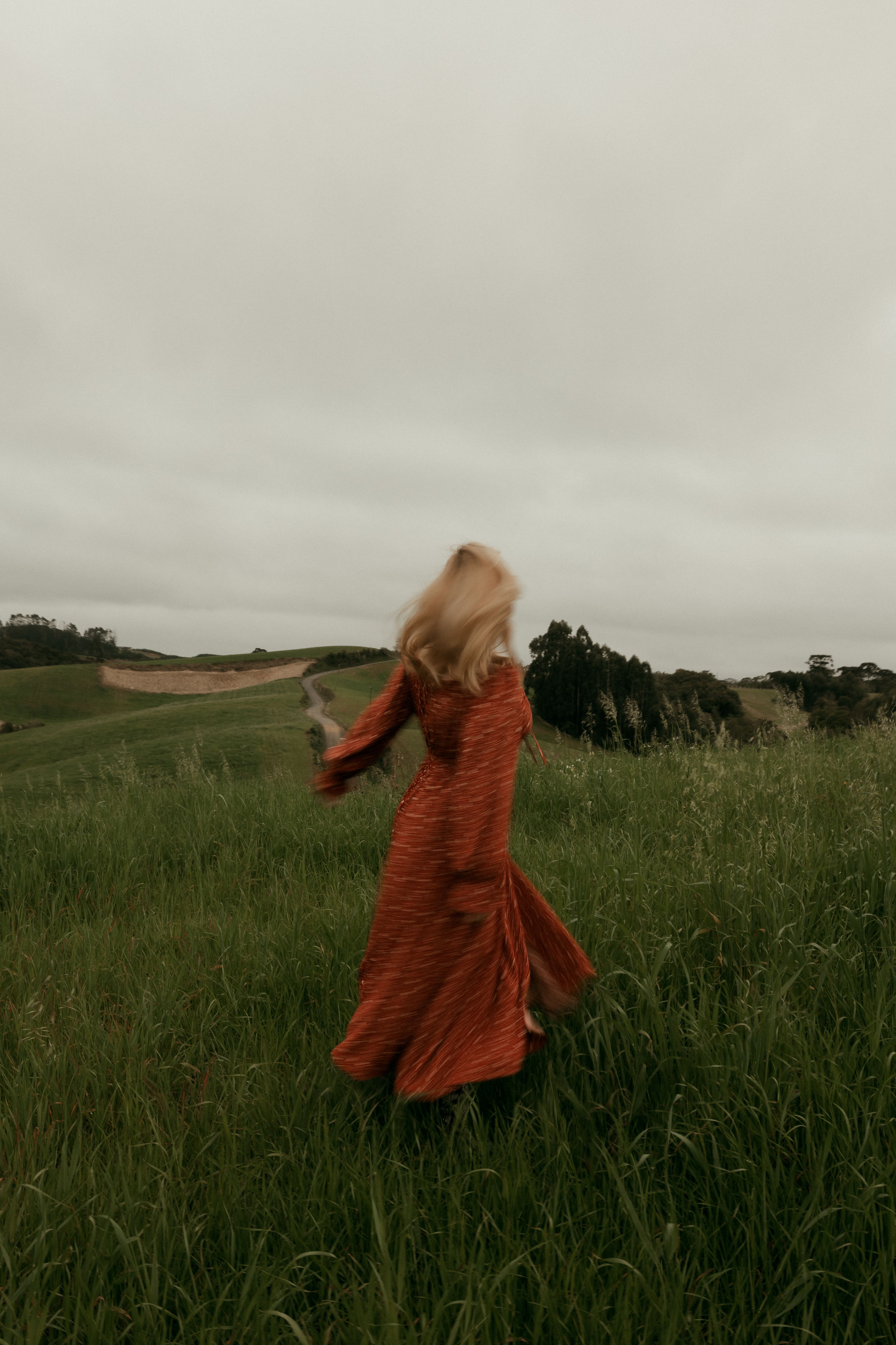 A woman in a flowing red dress twirls in a grassy field under a cloudy sky.