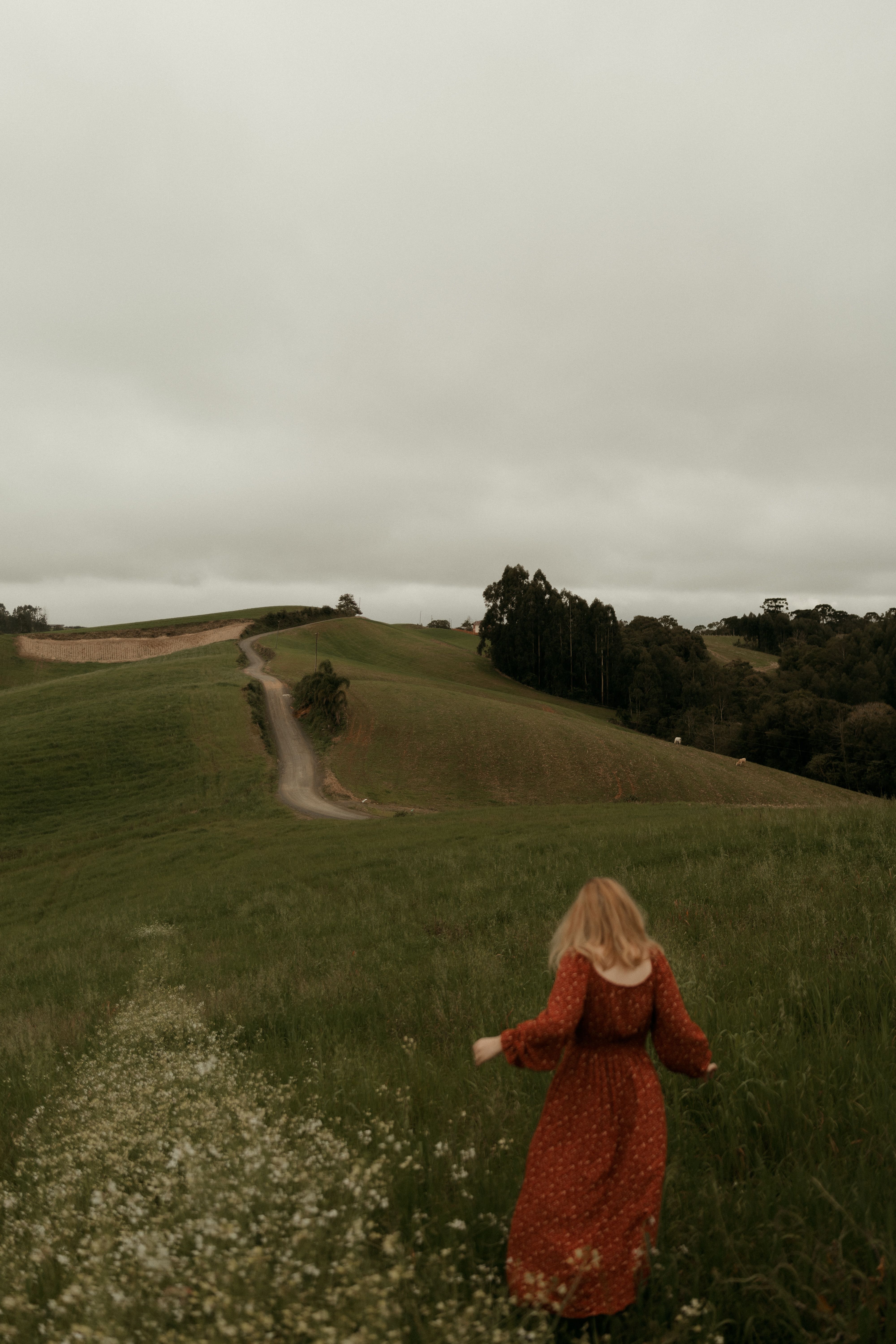 Woman in red dress exploring lush green hills under cloudy skies, perfect for travel and nature themes.