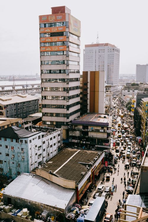 Free A vibrant aerial view of a busy street in Lagos, Nigeria, capturing urban life and architecture. Stock Photo