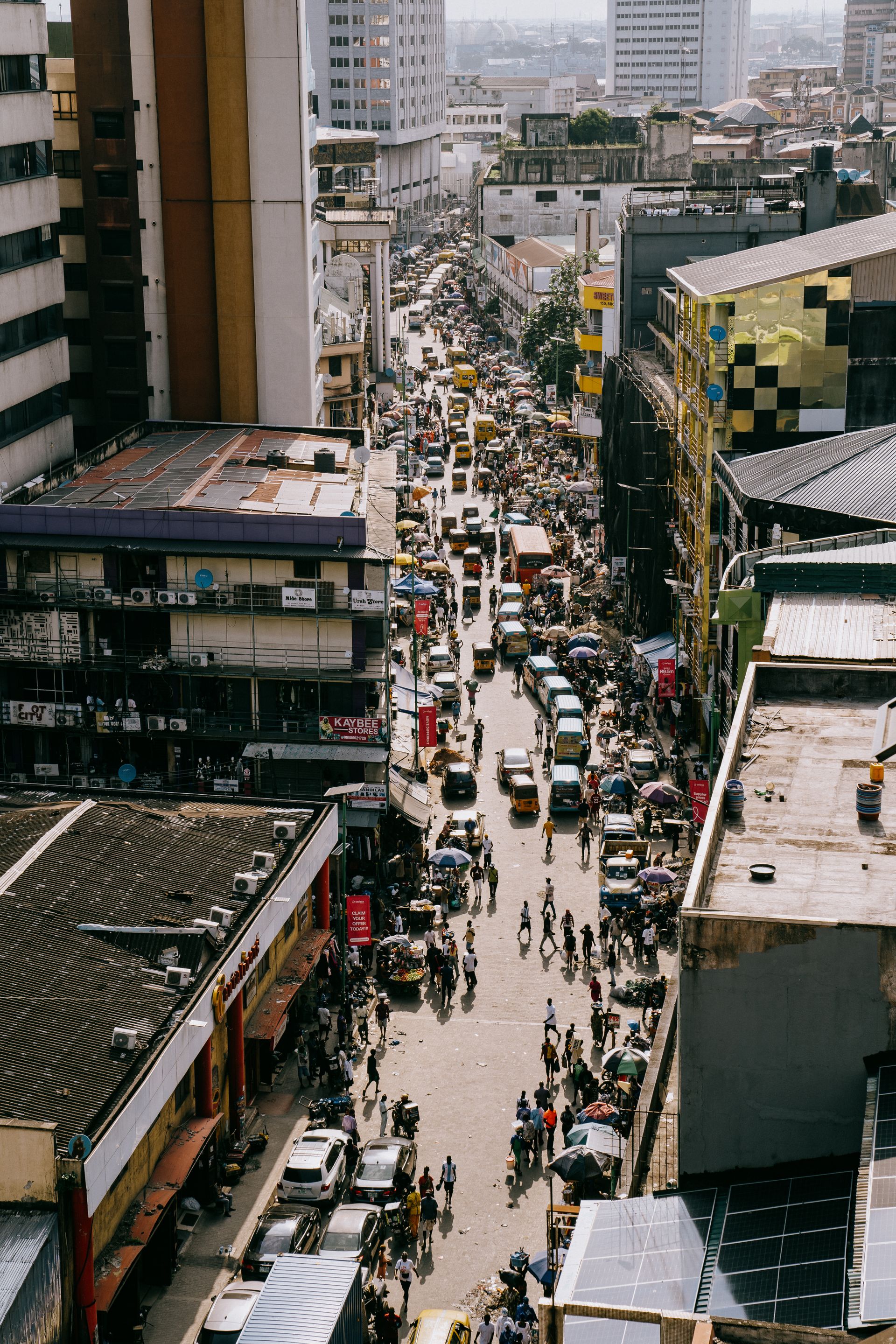 Aerial view of a bustling market street in Lagos, Nigeria