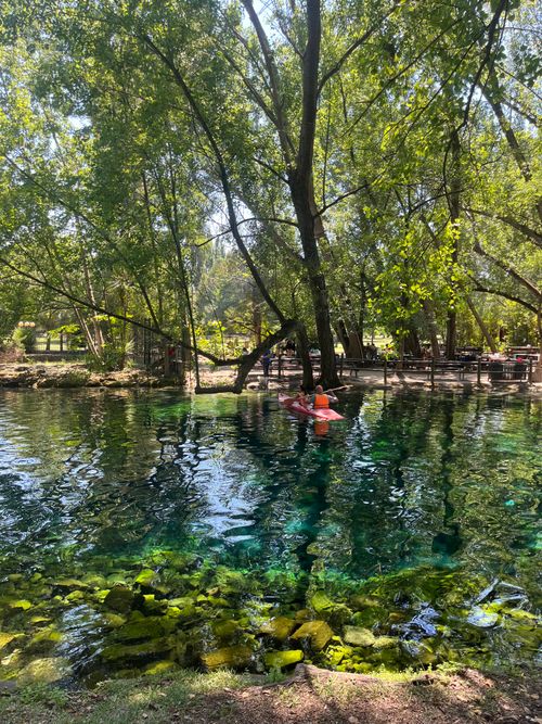 Free Tranquil scene of a kayaker navigating clear waters surrounded by lush forest. Stock Photo