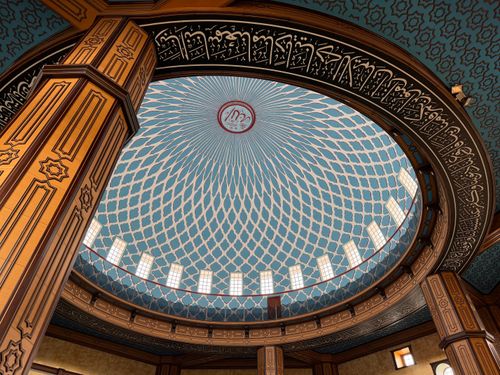 Free Stunning view of a mosque dome with intricate geometric patterns and Arabic calligraphy. Stock Photo