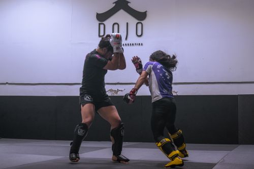 Free Two female athletes engage in a rigorous sparring session in a martial arts dojo. Stock Photo