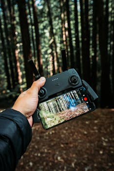 Crop unrecognizable male in padded jacket standing with reached arm with cellphone fixed to UAV remote controller holder demonstrating screen with bright picture in forest on blurred background