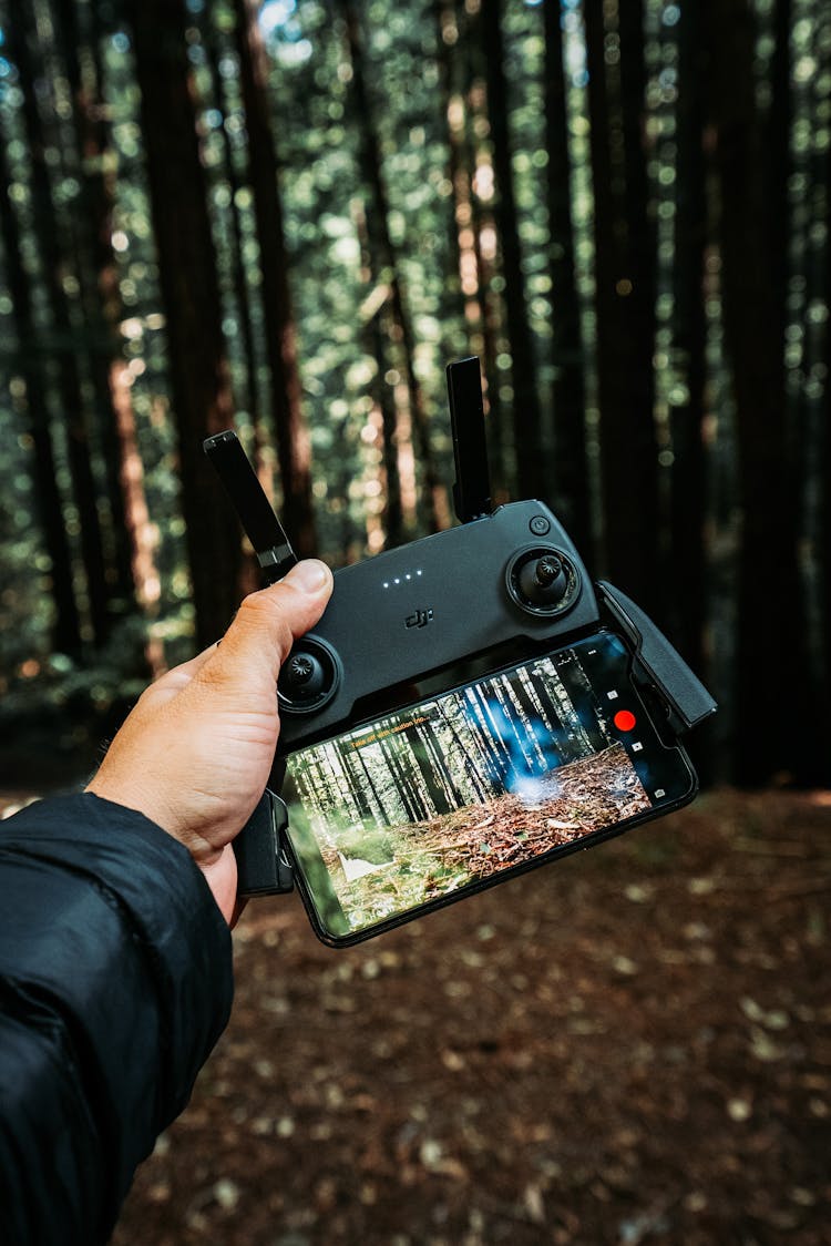 Crop Anonymous Man Showing UAV Controller With Smartphone Screen With Forest