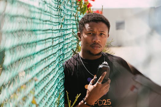 Young man with a serious expression holding a device by a green fence outdoors.