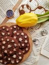Top view of tasty baked chocolate biscuits decorated with butter cream on cutting board near wristwatch and colorful flower with tender bud near silver rings on paper sheets at home