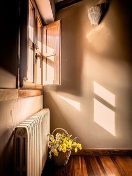 Warm sunlight streams through a rustic window, illuminating a basket of flowers in a cozy corner.