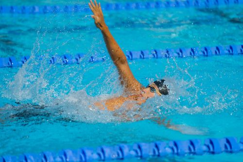 Free A swimmer in a pool mid-stroke with vibrant water splashes during a competitive race. Stock Photo