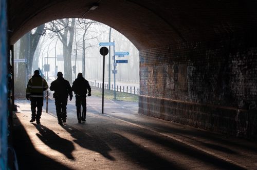 Free Three people walk through a shadowy underpass, casting long morning shadows with misty trees in the background. Stock Photo